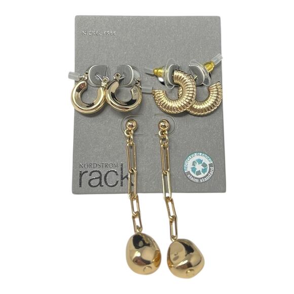 Nordstrom Rack Gold Earring Set – 3 Pairs Hoop & Drop Styles New on Card - Picture 1 of 3